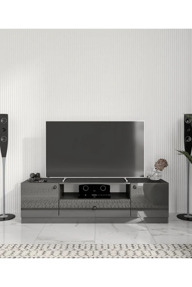 CABİNSE %100 AKRİLİK MDF 2 Kapaklı 1 Çekmeceli 180cm Genişliğinde Modern TV Ünitesi Beyaz - Antrasit CABİNSE - 2