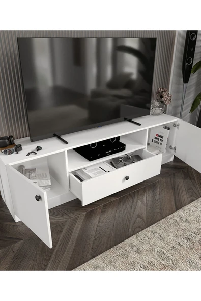 CABİNSE %100 MDF 180 cm Genişliğinde Modern TV Ünitesi 2 Kapaklı 1 Çekmeceli SOFT BEYAZ - MEŞE CABİNSE - 4