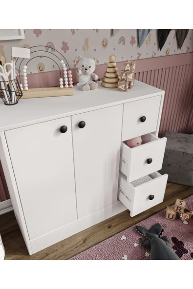 CABİNSE %100 MDF 2 Kapaklı 3 Çekmeceli Çok Amaçlı Dolap -MUTFAK-KAHVE-BANYO-ÇOCUK-OYUNCAK DOLABI,BEYAZ-MEŞE - 4