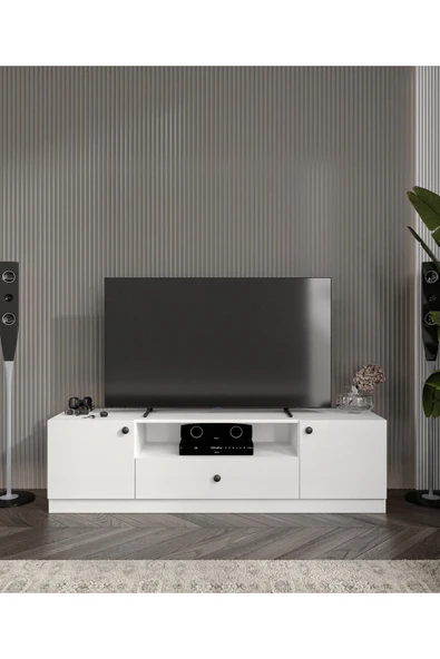 CABİNSE %100 MDF 180 cm Genişliğinde Modern TV Ünitesi 2 Kapaklı 1 Çekmeceli SOFT BEYAZ - MEŞE CABİNSE - 2