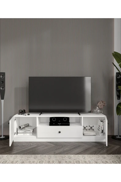 CABİNSE %100 MDF 180 cm Genişliğinde Modern TV Ünitesi 2 Kapaklı 1 Çekmeceli SOFT BEYAZ - MEŞE CABİNSE - 3