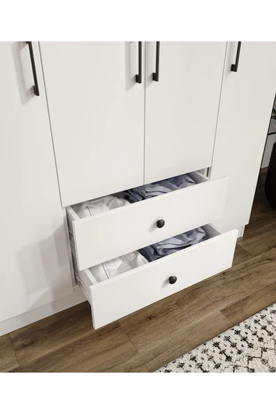 CABİNSE %100 MDF 4 Kapaklı 2 Çekmeceli 12 Raflı Elbise Dolabı SOFT BEYAZ CABİNSE - KOLAY KURULUM ANİMASYONLU - 5