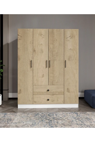 CABİNSE %100 MDF 4 Kapaklı 2 Çekmeceli 12 Raflı Elbise Dolabı MEŞE-SOFT BEYAZ/BAROK CEVİZ - SOFT BEYAZ - 2