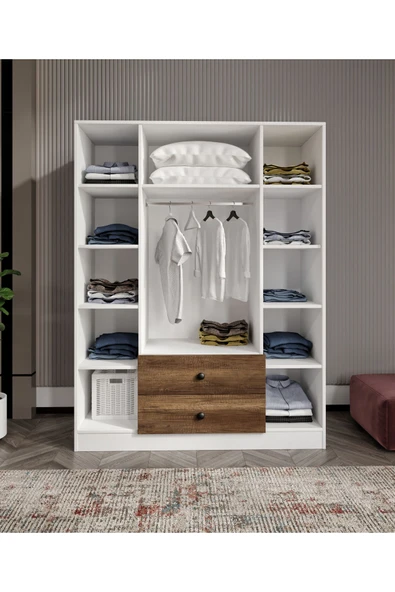 CABİNSE %100 MDF 4 Kapaklı 2 Çekmeceli 12 Raflı Elbise Dolabı MEŞE-SOFT BEYAZ/BAROK CEVİZ - SOFT BEYAZ - 4