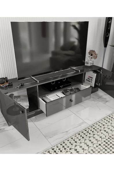 CABİNSE %100 AKRİLİK MDF 2 Kapaklı 1 Çekmeceli 180cm Genişliğinde Modern TV Ünitesi Beyaz - Antrasit CABİNSE - 4