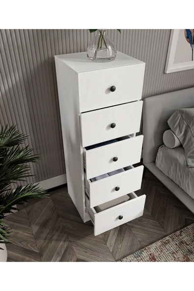 CABİNSE Cabinse %100 MDF Soft Beyaz 5 Çekmeceli Şifonyer - 3