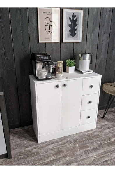 CABİNSE %100 MDF 2 Kapaklı 3 Çekmeceli Çok Amaçlı Dolap -MUTFAK-KAHVE-BANYO-ÇOCUK-OYUNCAK DOLABI,BEYAZ-MEŞE - 2