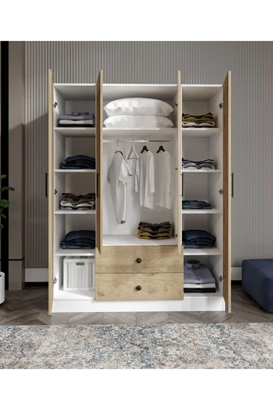 CABİNSE Cabinse %100 MDF 4 Kapaklı 2 Çekmeceli 12 Raflı Elbise Dolabı MEŞE-SOFT BEYAZ - 3