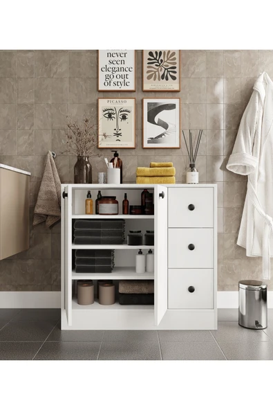 CABİNSE %100 MDF 2 Kapaklı 3 Çekmeceli Çok Amaçlı Dolap -BEYAZ - 3