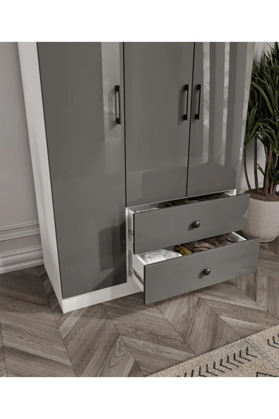 CABİNSE Cabinse %100 MDF 3 Kapaklı 2 Çekmeceli 7 Raflı Gardırop – Çizilmeye Dayanıklı Akrilik Kapak-Antrasit - 5