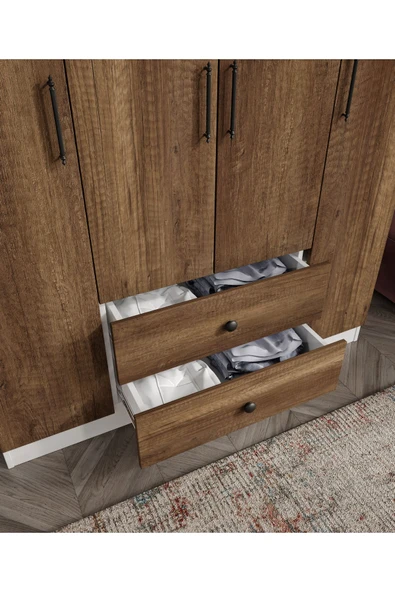 CABİNSE %100 MDF 4 Kapaklı 2 Çekmeceli 12 Raflı Elbise Dolabı MEŞE-SOFT BEYAZ/BAROK CEVİZ - SOFT BEYAZ - 5