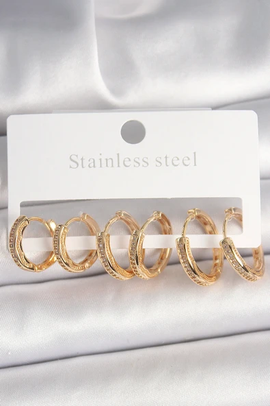 Pirinç Gold Renk Zirkon Taşlı 3 Çift Daire Model Kadın Küpe