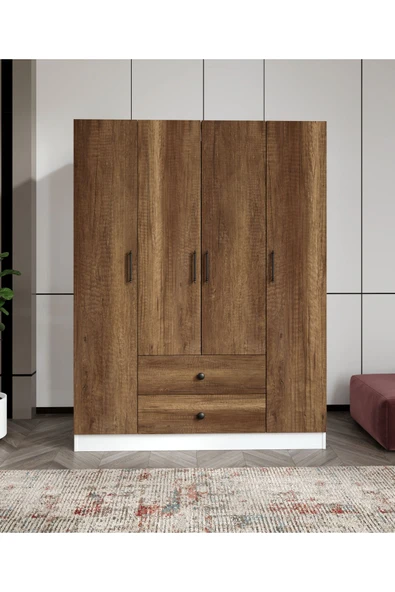 CABİNSE %100 MDF 4 Kapaklı 2 Çekmeceli 12 Raflı Elbise Dolabı MEŞE-SOFT BEYAZ/BAROK CEVİZ - SOFT BEYAZ - 2