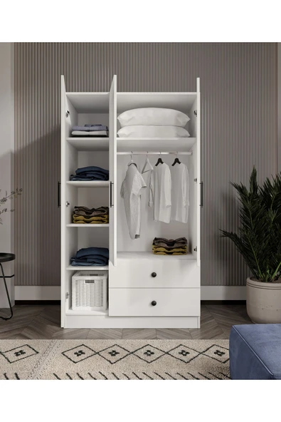 CABİNSE %100 MDF ELBİSE DOLABI 3 Kapaklı 2 Çekmeceli 7 Raflı GARDIROP -SOFT BEYAZ CABİNSE KURULUM ANİMASYON - 3