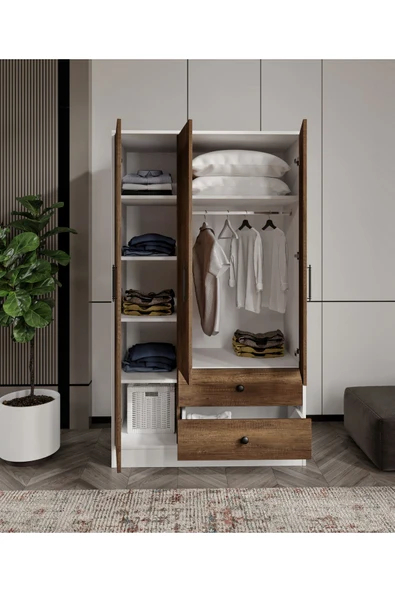 CABİNSE Cabinse %100 MDF 3 Kapaklı 2 Çekmeceli 7 Raflı Gardırop - Ceviz ve Soft Beyaz - 2