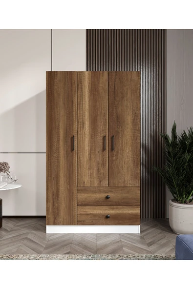 CABİNSE %100 MDF ELBİSE DOLABI 3 Kapaklı 2 Çekmeceli 7 Raflı GARDIROP -LEFKAS MEŞE- BEYAZ/BAROK CEVİZ BEYAZ - 2