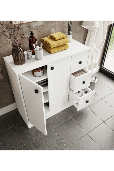 CABİNSE %100 MDF 2 Kapaklı 3 Çekmeceli Çok Amaçlı Dolap -BEYAZ - 4