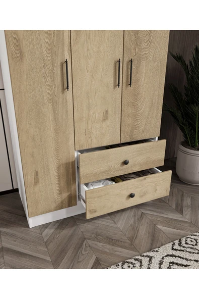 CABİNSE %100 MDF  ELBİSE DOLABI 3 Kapaklı 2 Çekmeceli 7 Raflı GARDIROP -LEFKAS MEŞE- BEYAZ/BAROK CEVİZ BEYAZ - 5