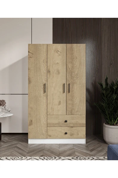 CABİNSE %100 MDF ELBİSE DOLABI 3 Kapaklı 2 Çekmeceli 7 Raflı GARDIROP -LEFKAS MEŞE- BEYAZ/BAROK CEVİZ BEYAZ - 2