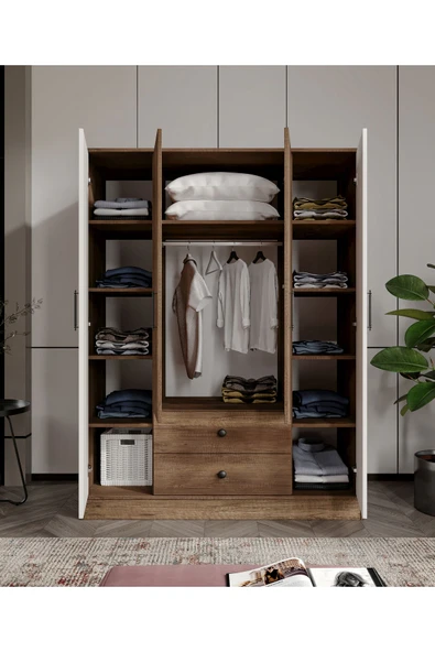 CABİNSE Cabinse %100 MDF 4 Kapaklı 2 Çekmeceli 12 Raflı Elbise Dolabı Ceviz Soft Beyaz GARDIROP - 3