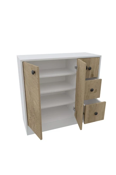 CABİNSE %100 MDF 2 Kapaklı 3 Çekmeceli Çok Amaçlı Dolap -MUTFAK-KAHVE-BANYO-ÇOCUK-OYUNCAK DOLABI,BEYAZ-MEŞE - 2