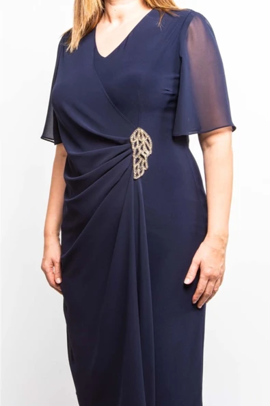 Ezze Kadın Tül Detaylı Yan Taşlı Büyük Beden Kısa Abiye Elbise 25YEZ4212 - 5