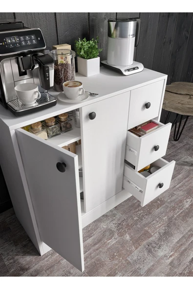 CABİNSE %100 MDF 2 Kapaklı 3 Çekmeceli Çok Amaçlı Dolap -MUTFAK-KAHVE-BANYO-ÇOCUK-OYUNCAK DOLABI,BEYAZ-MEŞE - 4