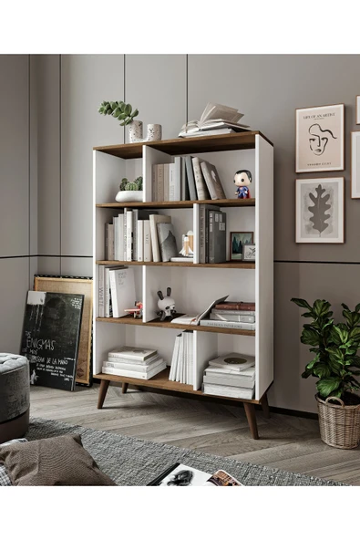 CABİNSE % 100 MDF KİTAPLIK 8 BÖLÜM 4 RAF SOFT BEYAZ- CEVİZ % 100 MDF