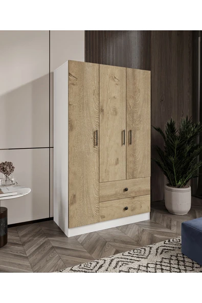 CABİNSE %100 MDF ELBİSE DOLABI 3 Kapaklı 2 Çekmeceli 7 Raflı GARDIROP -LEFKAS MEŞE- BEYAZ/BAROK CEVİZ BEYAZ