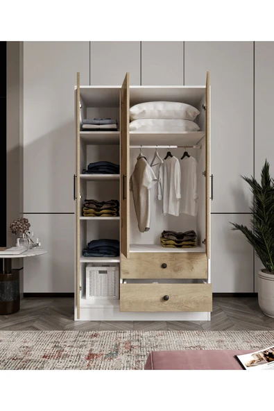 CABİNSE Cabinse %100 MDF ELBİSE DOLABI 3 Kapaklı 2 Çekmeceli 7 Raflı GARDIROP - Meşe ve Beyaz - 3