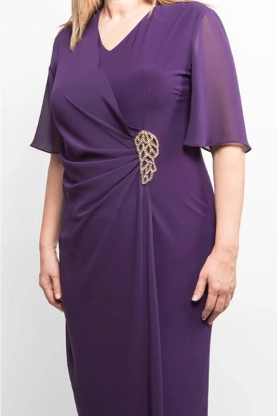 Ezze Kadın Tül Detaylı Yan Taşlı Büyük Beden Kısa Abiye Elbise 25YEZ4212 - 3