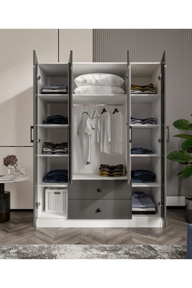 CABİNSE Cabinse %100 MDF 4 Kapaklı 2 Çekmeceli 12 Raflı Gardırop –Çizilmeye Dayanıklı AKRİLİK Kapak ANTRASİT - 3