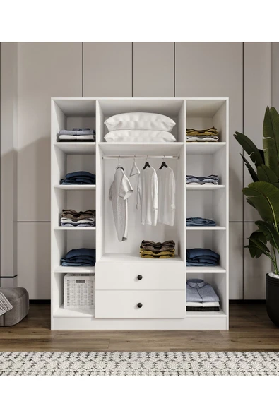CABİNSE %100 MDF 4 Kapaklı 2 Çekmeceli 12 Raflı Elbise Dolabı SOFT BEYAZ CABİNSE - KOLAY KURULUM ANİMASYONLU - 4