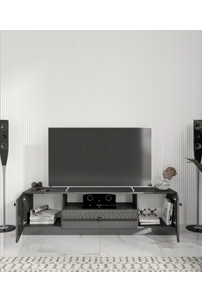 CABİNSE %100 AKRİLİK MDF 2 Kapaklı 1 Çekmeceli 180cm Genişliğinde Modern TV Ünitesi Beyaz - Antrasit CABİNSE - 3