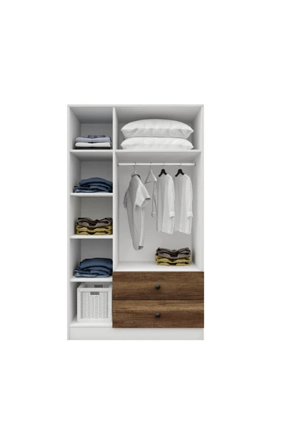 CABİNSE %100 MDF ELBİSE DOLABI 3 Kapaklı 2 Çekmeceli 7 Raflı GARDIROP -LEFKAS MEŞE- BEYAZ/BAROK CEVİZ BEYAZ - 6