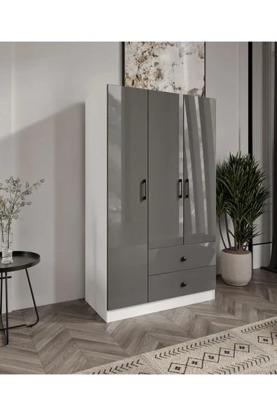 CABİNSE Cabinse %100 MDF 3 Kapaklı 2 Çekmeceli 7 Raflı Gardırop – Çizilmeye Dayanıklı Akrilik Kapak-Antrasit
