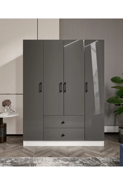 CABİNSE Cabinse %100 MDF 4 Kapaklı 2 Çekmeceli 12 Raflı Gardırop –Çizilmeye Dayanıklı AKRİLİK Kapak ANTRASİT - 2