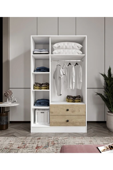 CABİNSE Cabinse %100 MDF ELBİSE DOLABI 3 Kapaklı 2 Çekmeceli 7 Raflı GARDIROP - Meşe ve Beyaz - 4