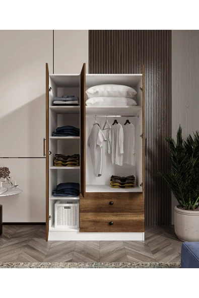 CABİNSE %100 MDF ELBİSE DOLABI 3 Kapaklı 2 Çekmeceli 7 Raflı GARDIROP -LEFKAS MEŞE- BEYAZ/BAROK CEVİZ BEYAZ - 4