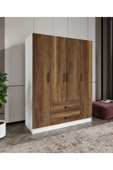 CABİNSE %100 MDF 4 Kapaklı 2 Çekmeceli 12 Raflı Elbise Dolabı MEŞE-SOFT BEYAZ/BAROK CEVİZ - SOFT BEYAZ