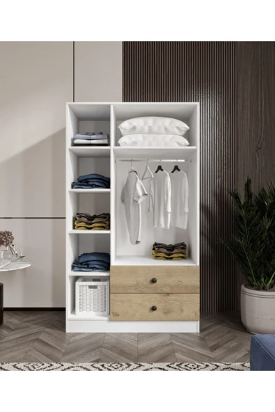 CABİNSE %100 MDF  ELBİSE DOLABI 3 Kapaklı 2 Çekmeceli 7 Raflı GARDIROP -LEFKAS MEŞE- BEYAZ/BAROK CEVİZ BEYAZ - 4