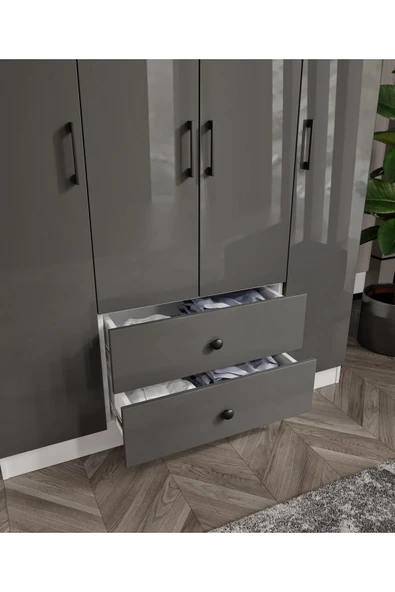 CABİNSE Cabinse %100 MDF 4 Kapaklı 2 Çekmeceli 12 Raflı Gardırop –Çizilmeye Dayanıklı AKRİLİK Kapak ANTRASİT - 5