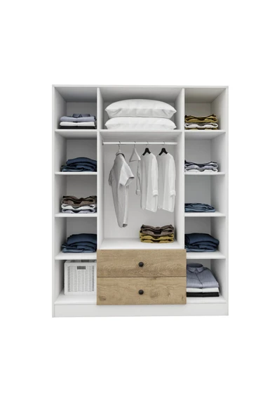 CABİNSE Cabinse %100 MDF 4 Kapaklı 2 Çekmeceli 12 Raflı Elbise Dolabı MEŞE-SOFT BEYAZ - 6
