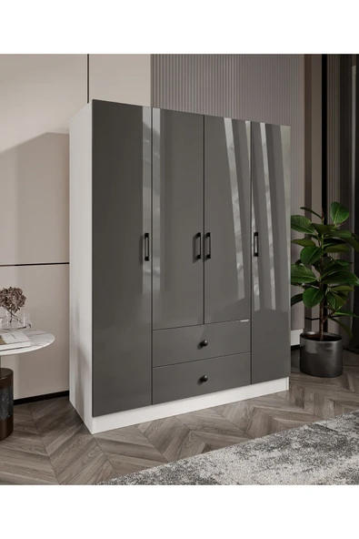 CABİNSE Cabinse %100 MDF 4 Kapaklı 2 Çekmeceli 12 Raflı Gardırop –Çizilmeye Dayanıklı AKRİLİK Kapak ANTRASİT