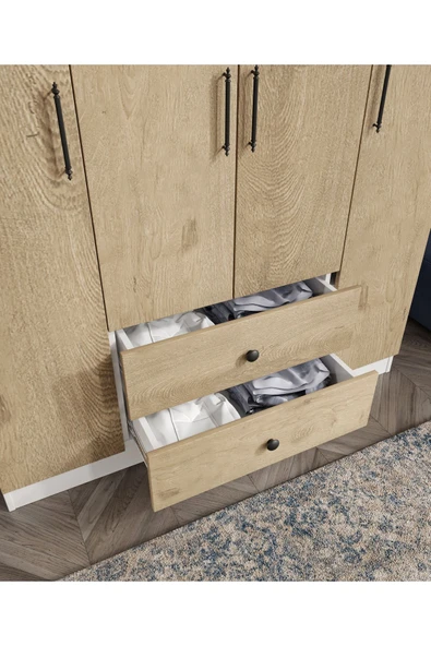 CABİNSE %100 MDF 4 Kapaklı 2 Çekmeceli 12 Raflı Elbise Dolabı MEŞE-SOFT BEYAZ/BAROK CEVİZ - SOFT BEYAZ - 5