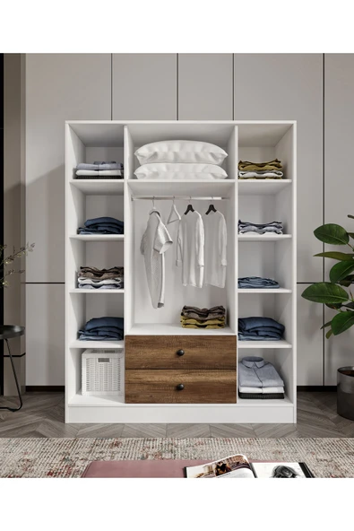 CABİNSE Cabinse %100 MDF 4 Kapaklı 2 Çekmeceli 12 Raflı Elbise Dolabı K. Ceviz Soft Beyaz - 5