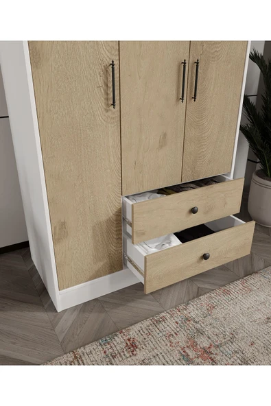 CABİNSE Cabinse %100 MDF ELBİSE DOLABI 3 Kapaklı 2 Çekmeceli 7 Raflı GARDIROP - Meşe ve Beyaz - 5