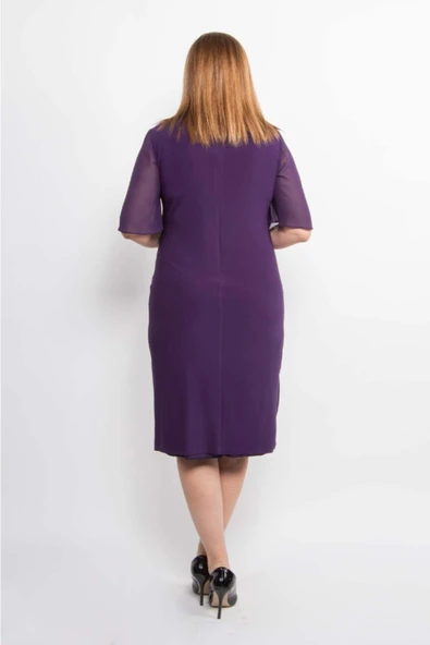 Ezze Kadın Tül Detaylı Yan Taşlı Büyük Beden Kısa Abiye Elbise 25YEZ4212 - 4