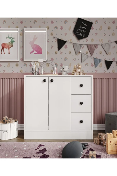 CABİNSE %100 MDF 2 Kapaklı 3 Çekmeceli Çok Amaçlı Dolap -MUTFAK-KAHVE-BANYO-ÇOCUK-OYUNCAK DOLABI,BEYAZ-MEŞE - 3