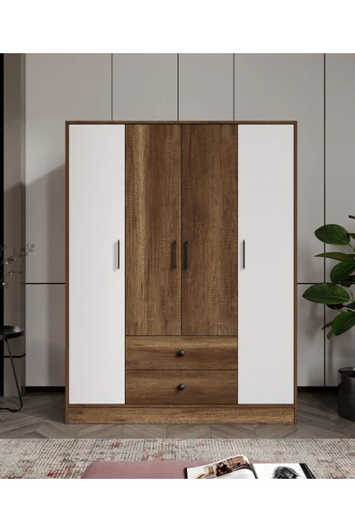 CABİNSE Cabinse %100 MDF 4 Kapaklı 2 Çekmeceli 12 Raflı Elbise Dolabı Ceviz Soft Beyaz GARDIROP